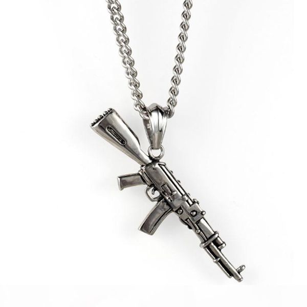 

men's hip-hop 18k gold plated ak47 gun 316l titanium steel pendant necklace with 24inch twisted chain necklace fashion jewelry, Silver