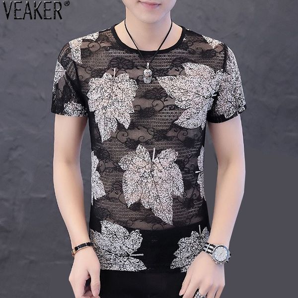

2019 new men's black hollow t shirt men lace mesh flower short sleeve t shirts men summer casual tshirt m-3xl, White;black