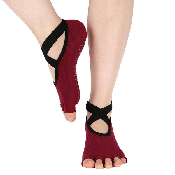 

1pair anti-slip yoga socks with cross belt pilates ballet dance socks for women five fingers fitness sports cotton, Black