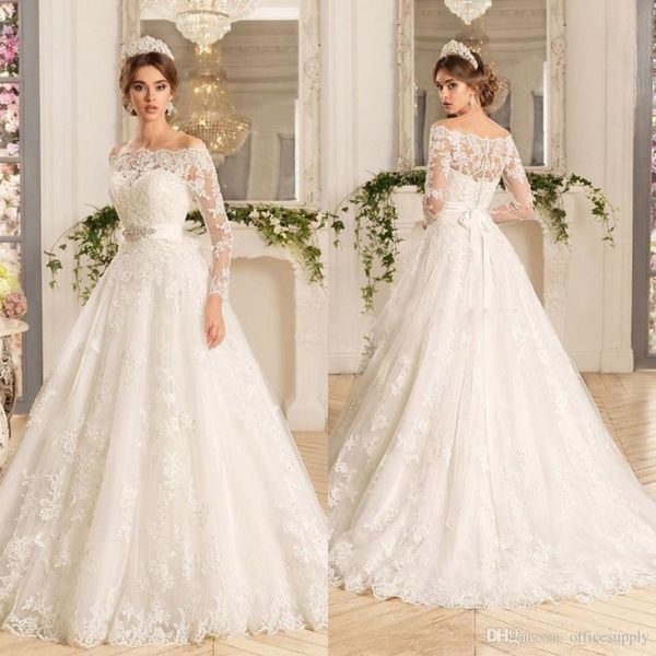 

ivory lace plus size wedding dresses 2019 off shoulder long sleeves button sheer back a line bohemian bridal gowns, White