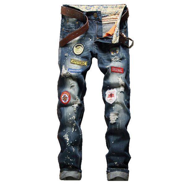 

мужские случайные отверстия значок рваные джинсы тонкий прямой грязный мыть джинсовые брюки длинные брюки, Blue