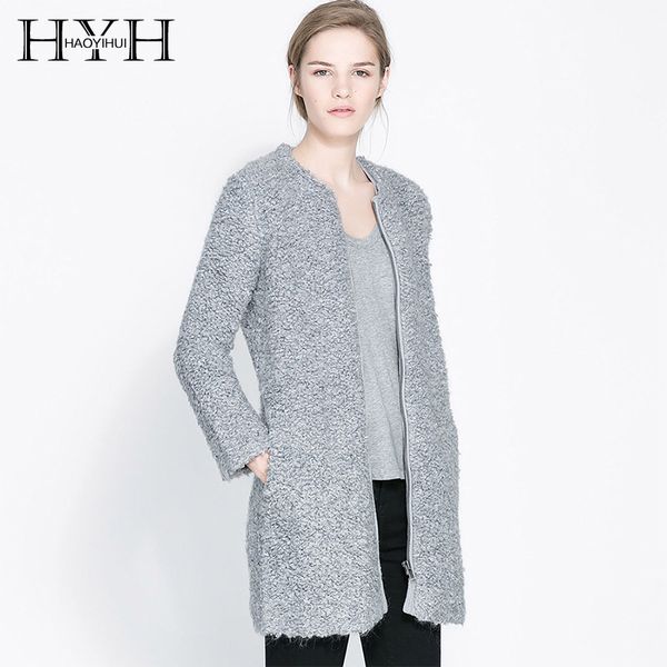 

hyh haoyihui осенняя мода рулон меховая одежда стильная шею молния простые женские топы ветровка длинная шерстяная куртка пальто, Black