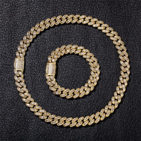 

new punk hiphop jewelry 13mm cuban link chain necklaces bracelets for men silver gold color copper plated iced out crystal zircon choker, Golden;silver