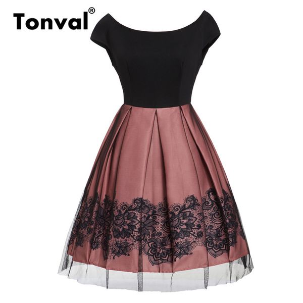 

tonval retro dress pink rockabilly floral print cap sleeve pleated dress women mesh overlay backless elegant vintage dresses, Black;gray