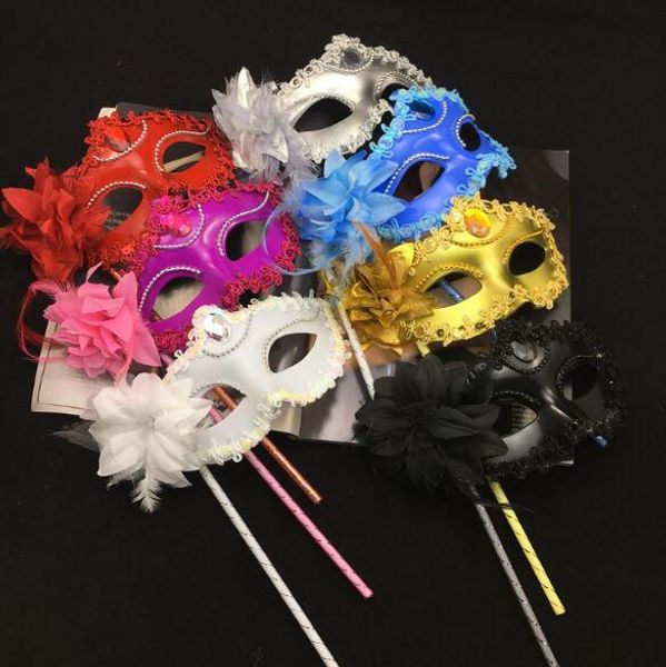 

new luxury woman mask on stick eyeline venetian masquerade party mask sequin lace edge lateral flower gold silver black white h087