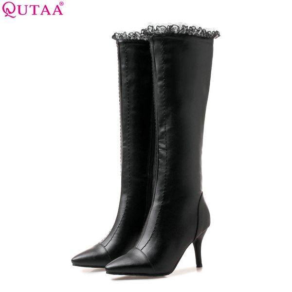 

qutaa 2019 winter shoes platform all match pu leather knee high boots platform thin high heel woman boots big size 34-43, Black