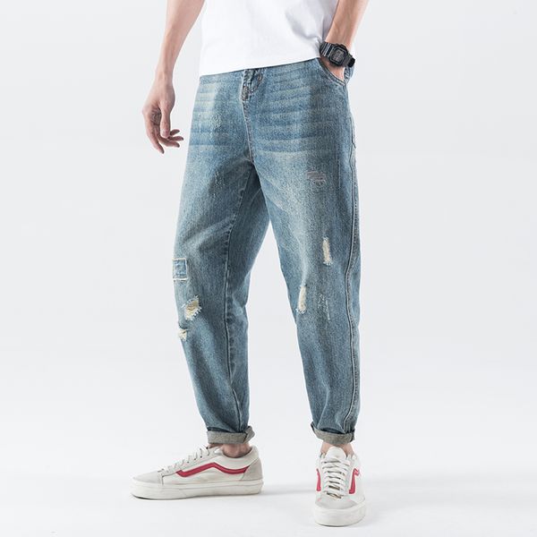 

autumn new big fat jeansloose straight light blue denim pants -7xl