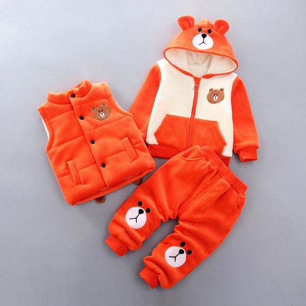 

children clothes sets winter kids boys casual cotton thick 3pcs vest+hoodies+pants toddler girls baby plus velvet warm outfits, White