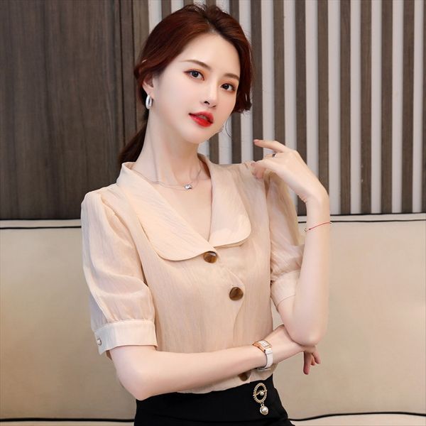 

2020 short-sleeved women's dress design sense niche shirt han fengqiu solid color shirt, White