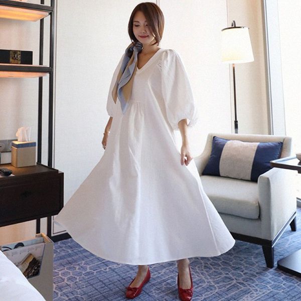 

lanmrem 2020 spring new casual fashion temperament women loose plus solid color v-neck lantern sleeves waist dress tc644, White;black