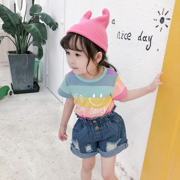 

оптовые 2019 летние детские радуга футболка мальчик девочка хлопок с короткими рукавами футболки дна рубашка бесплатная доставка взрыв, Blue