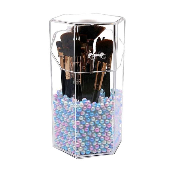 

makeup brush holder with pearls dustproof cosmetic brushes organizer storage, hexagon shaped/protect brushes/large size