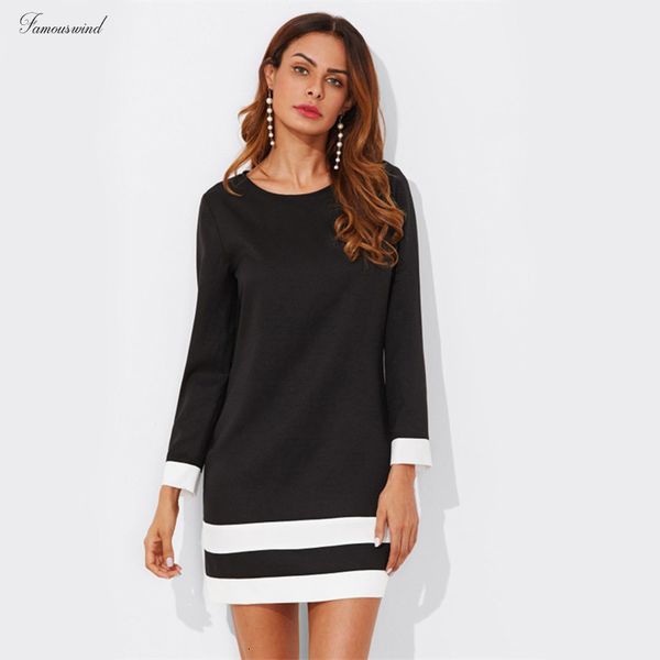 

striped dresses fall cuff and hem dress black round neck long sleeve shift party dress women casual short, Black;gray