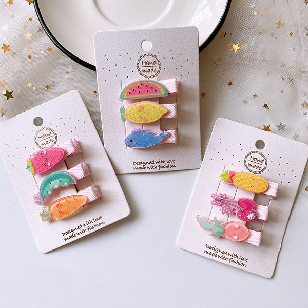 

3 pcs new children fresh cute glitter acrylic cartoon fruit animal duckbill clip for sweet girl baby hairpins hair accessories, Slivery;white