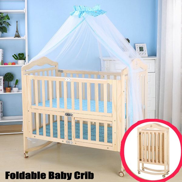 

foldable pine wood baby crib with 4 lockable wheels, no paint baby rocking cradle, portable infant cot with mosquito net