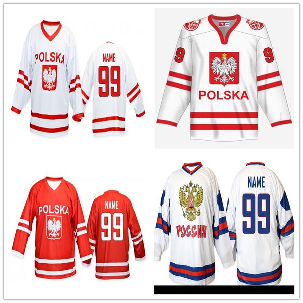 

custom men's national item poland hockey jersey white red blue embroidery stitched any number your name customized, Black;red
