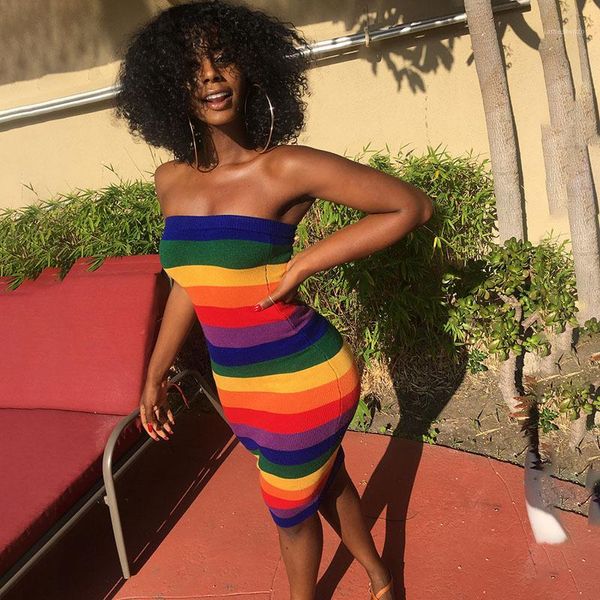 

rainbow colorful stripe strapless bodycon dresses summer womens dresses new style women designer dresses fashion, White;black