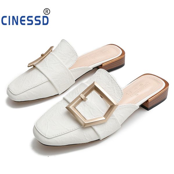 

size 43 women slippers square toe flat woman slides bucke ladies shoes mule fashion leather flip flops brand designer sandals, Black