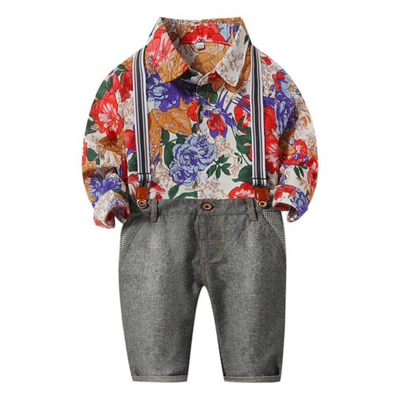 

осень дети детские мальчики наборы с длинным рукавом цветочный принт блузка подтяжки брюки наряды детская повседневная одежда d, White