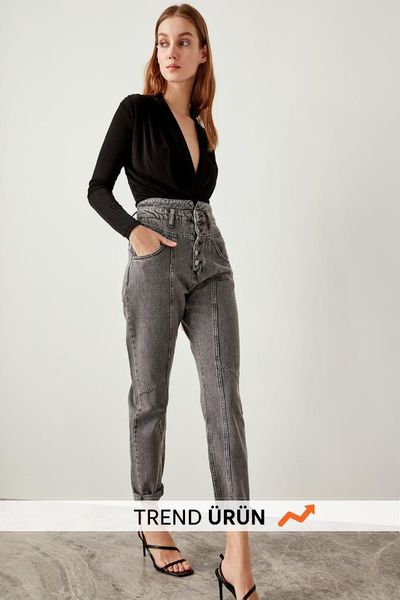 

trendyol front anthracite high waist button super mom jeans tclss19ni0004, Blue