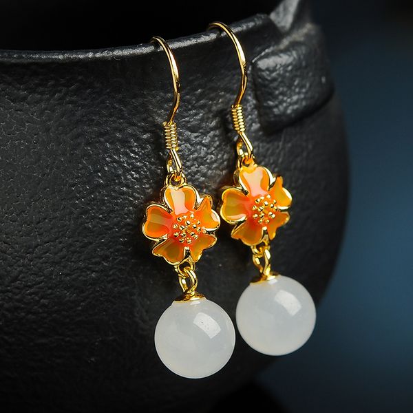 

2019 new genuine natural jade 925 silver inlaid white jade beads earrings with certificate, Golden;silver