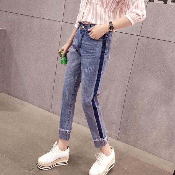 

2020 spring and summer high waist boyfriend jeans for women whisker roll-up tassel women jeans denim femme s-xl ah81, Blue
