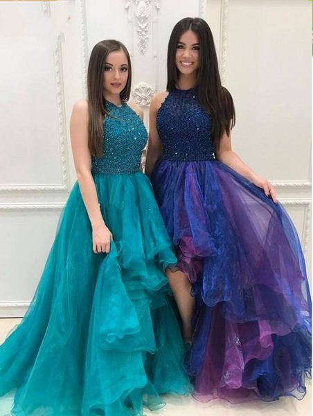 

high low prom dresses halter sequins beaded tiered organza skirt sparkly backless prom dresses graduation dresses sweep train, Black