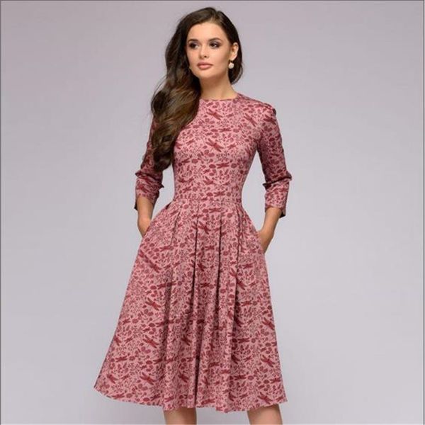 

vintage pleated tunic print dress women elegant ladies a line dresses long sleeve female autumn mixi party dress vestidos 2020, Black;gray