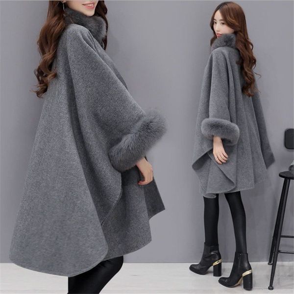 

2018 winter new korean version of fur collar long wool woolen coat temperament cloak shawl coat female, Black