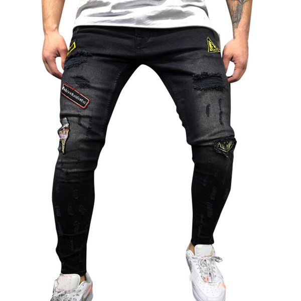 

casual mens embroidery black biker jeans brand skinny trousers ripped jeans for men denim pencil pants vaqueros para hombres 20, Blue