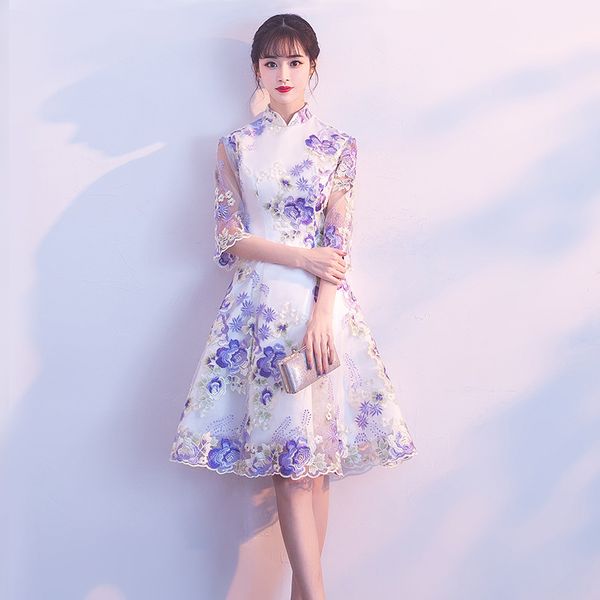 

fashion wedding party cheongsam oriental evening dress chinese style women elegant qipao mini robe retro vestido s-3xl, Red