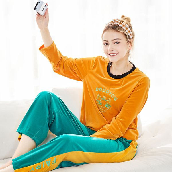 

women's pajamas set 2019 new autumn and winter long sleeve round collar contrast home service set women's pajamas two-piece, Black;red