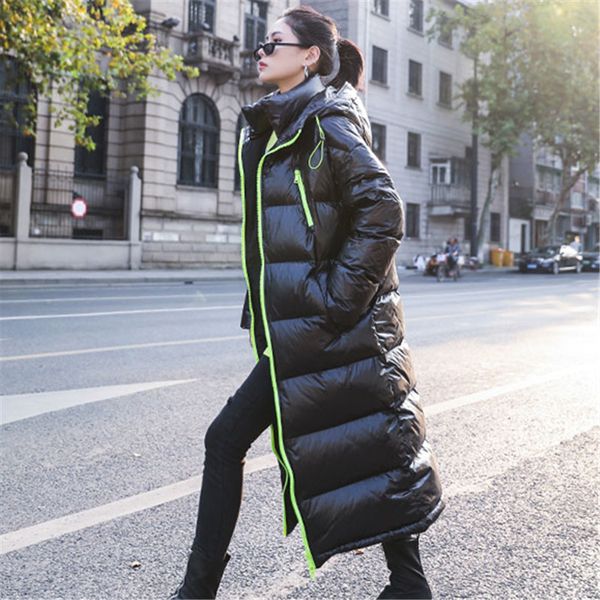 

fashion winter glossy down cotton jacket women plus size loose warm solid long hooded parkas mujer outerwear female streetwear, Black