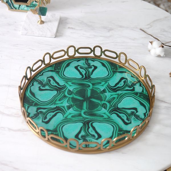 

europe round green agate stone texture plates jewelry copper tray ivory white palace carved flowers golden jade storage trays