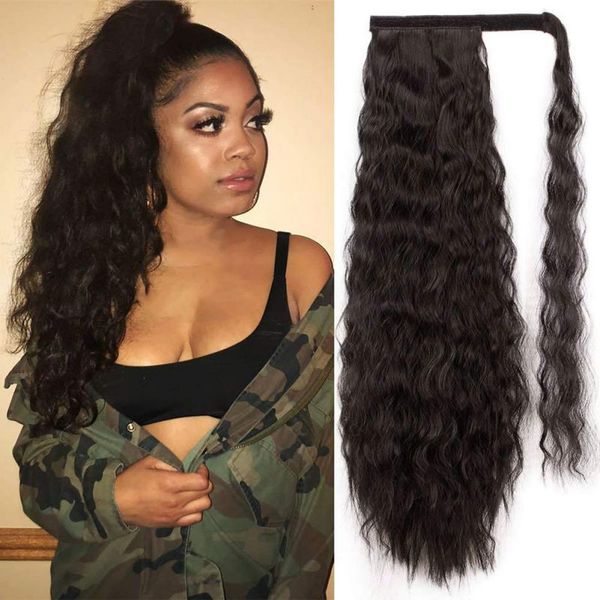 

24" curly wavy wrap around clip in braid hair extension heat resistant synthetic natural wave pony tail fake hair wig styling, Brown