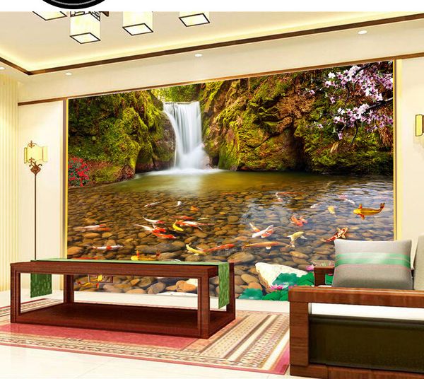 Fließendes Wasser Reichtum Berg Frühling Fisch Musik Indoor TV Hintergrund Wanddekoration Wandtapete