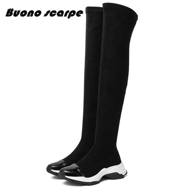 

buonoscarpe autumn winter sports female stretch boots genuine leather warm women slim the knee high boots new platforms, Black