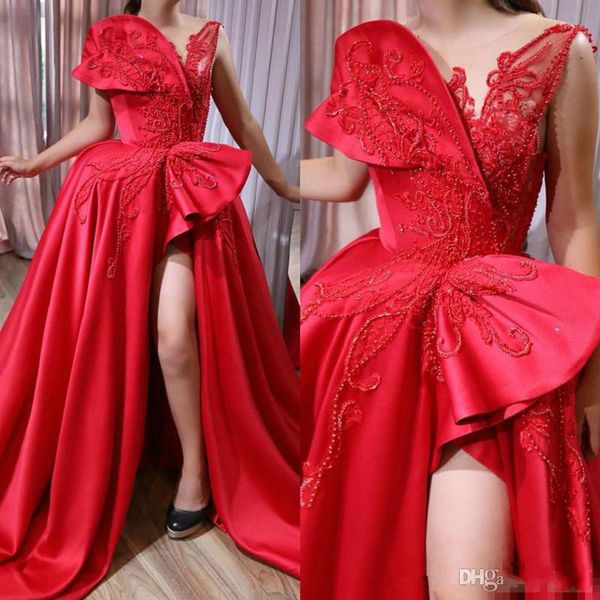 Vermelho árabe Puffy Saia Vestidos de Noite 2020 Sheer Jewel Neck Lace Bordado Frisado Sexy Fenda Vestido de Baile Árabe Dubai Ocasião Vestidos Formais