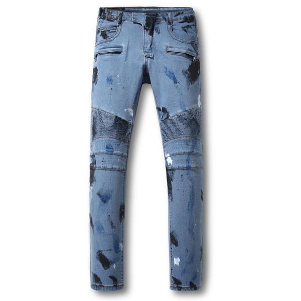 

designer men luxury ba lmain jeans slim fit print brand leisure washed casual pants fashion pants popularhiphop classic cowboy pants, Blue