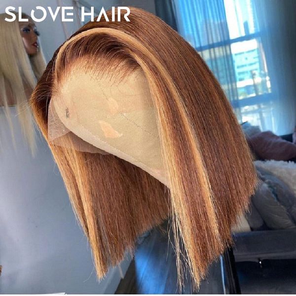 

13x4 ombre blonde highlight remy brazilian straight bob wig lace front human hair wigs for women plucked middle part slove hair, Black;brown