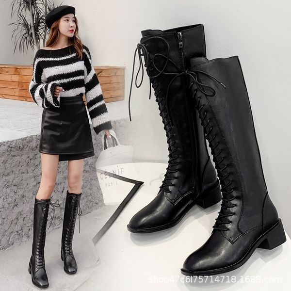 

lace up lady boots thigh high heels high women's rubber shoes rain zipper luxury designer round toe leather booties, Black