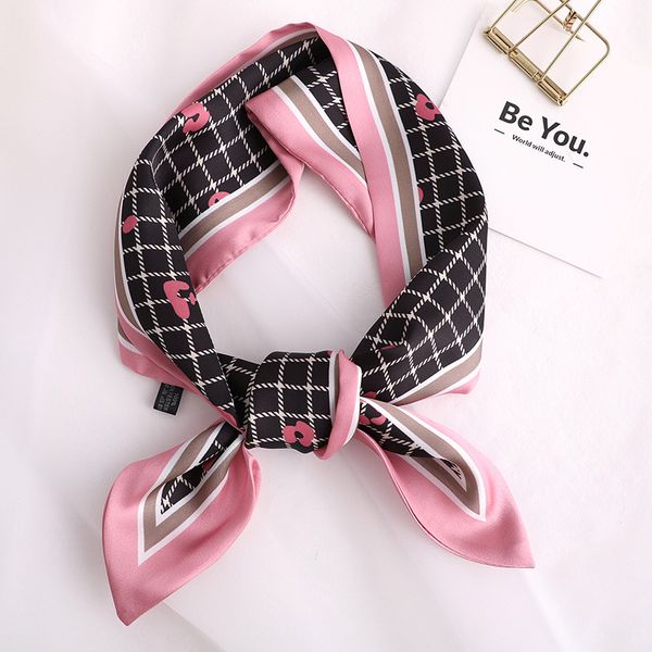 

2020 lattice print women silk scarf small handle bag ribbons female head scarves foulard gray, Blue;gray
