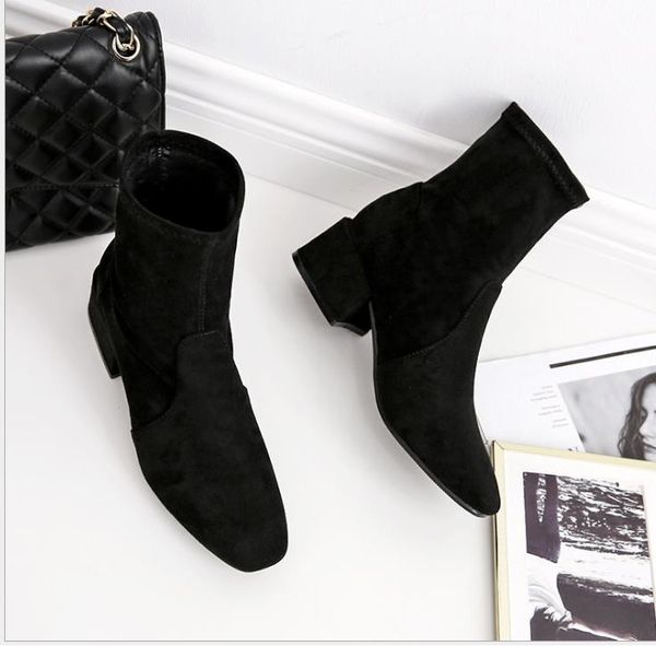 

autumn and winter new korean fashion square head thick with ankle boots, Black