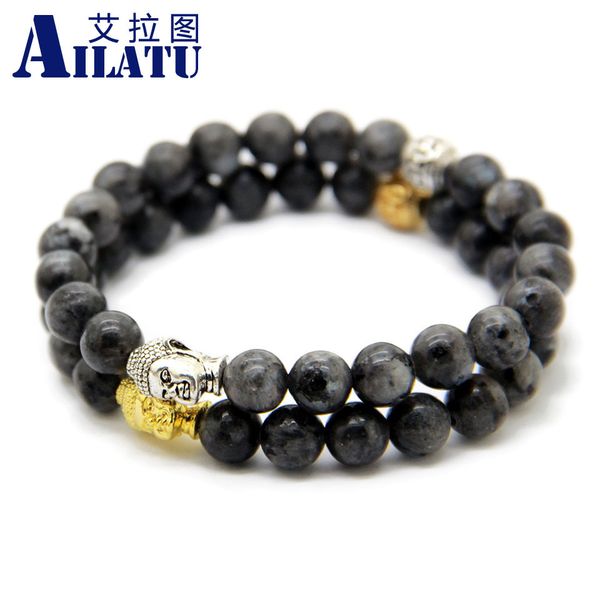 

ailatu wholesale jewelry 10pcs/lot new design men's summer 8mm black flash stone beads buddha bracelet, Golden;silver