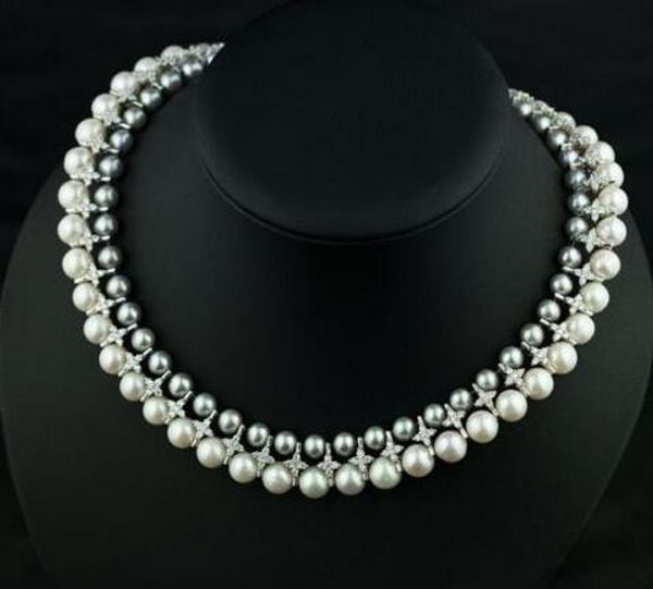 

doble trands 9-10mm mar del sur blanco redondo gris perla collar de, Silver