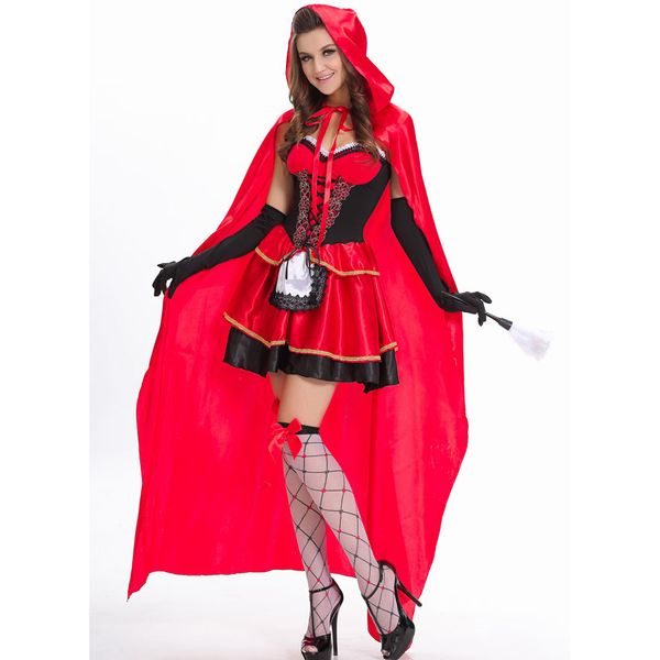 Küçük kırmızı başlıklı kız kostüm seksi Cosplay kırmızı parıltılı pullar rol kadınlar M, L, 2XL için elbise helloween kostüm oynarken