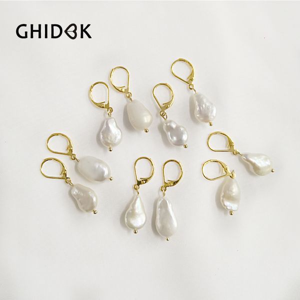 

ghidbk baroque white natural freshwater pearls hoop earrings for women ear piercing huggie earrings small pendientes, Golden