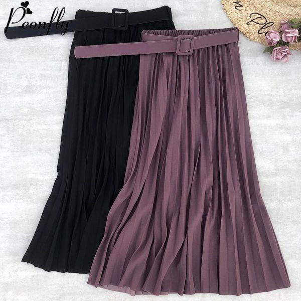 

peonfly new women fashion belt solid color pleated midi skirts faldas mujer ladies elegant high waist retro casual skirts, Black