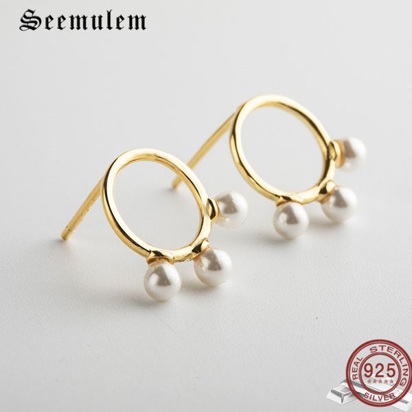 

seemulem japanese and south korean style new style s925 sterling silver stud earrings women pearl temperament simple earrings, Golden;silver