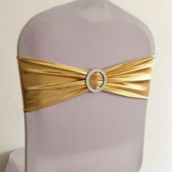 

100pcs bronzing elastic stretch chair sash metallic gold spandex lycra chair band with round buckle for wedding event l
